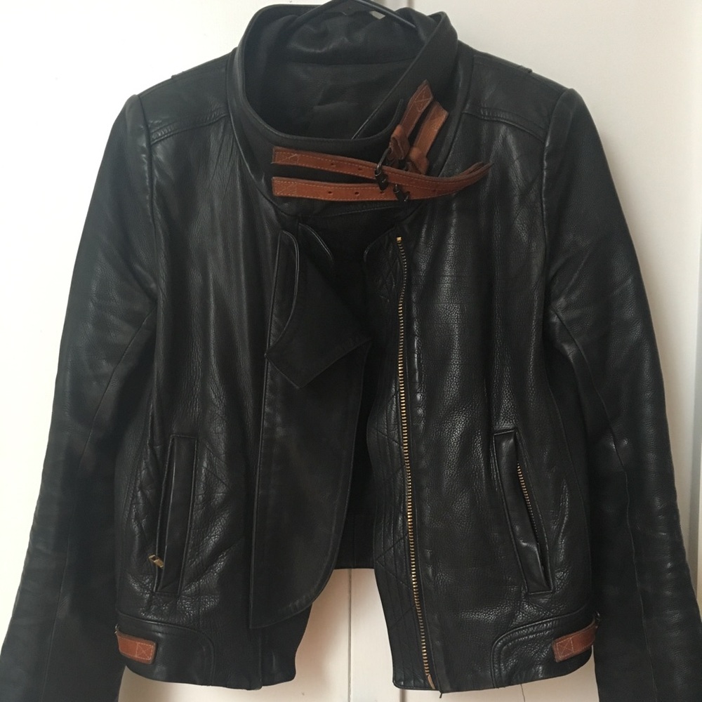 A.L.C. Black Leather Moto Jacket with Brown Trim